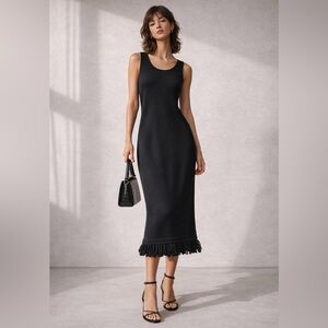 Rebecca Moses Anthropologie Black Fringe Hem Knit Midi Dress Size S Minimalist